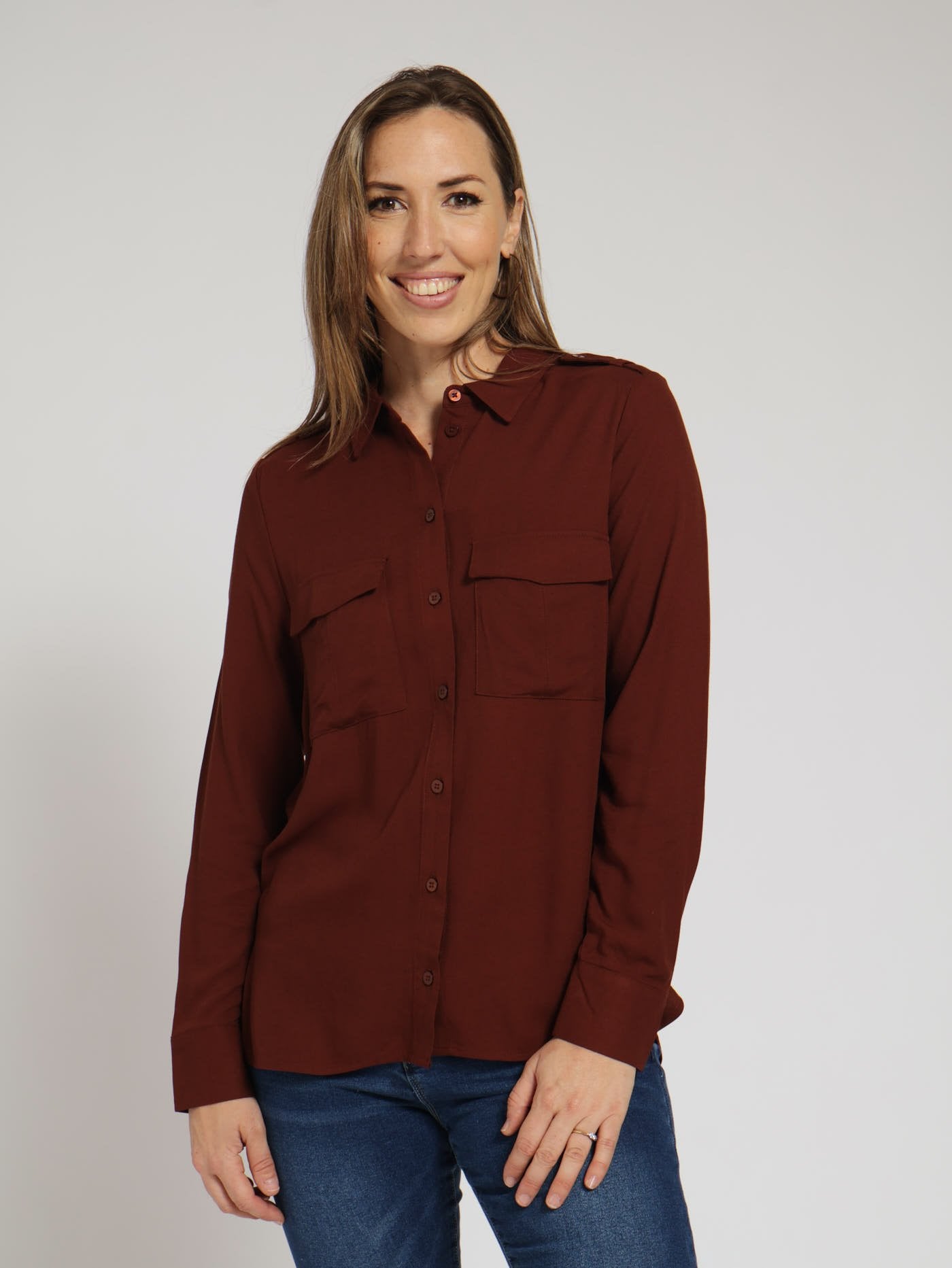 Long Sleeve Utility Shirt With Epalettes Chocolate Edgars