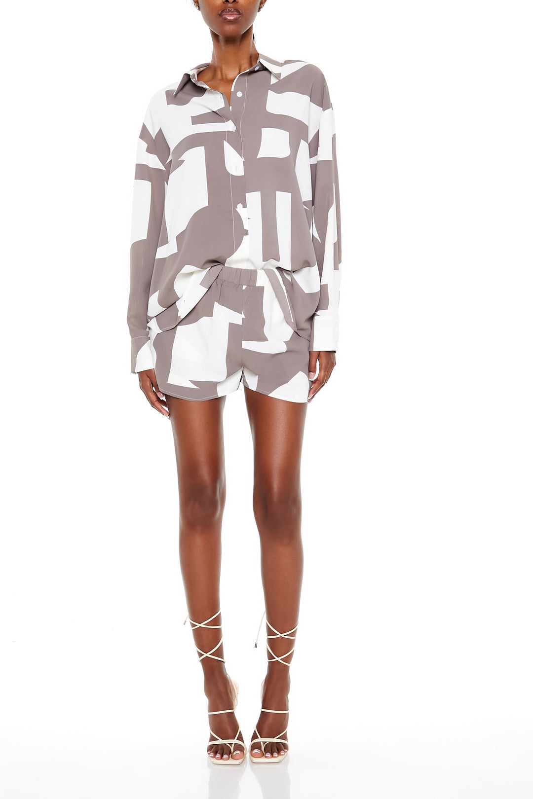 Geo Print Shirt & Shorts Set - Ivory