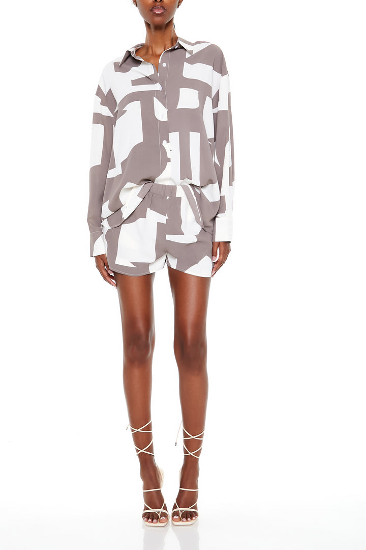 Geo Print Shirt & Shorts Set - Ivory