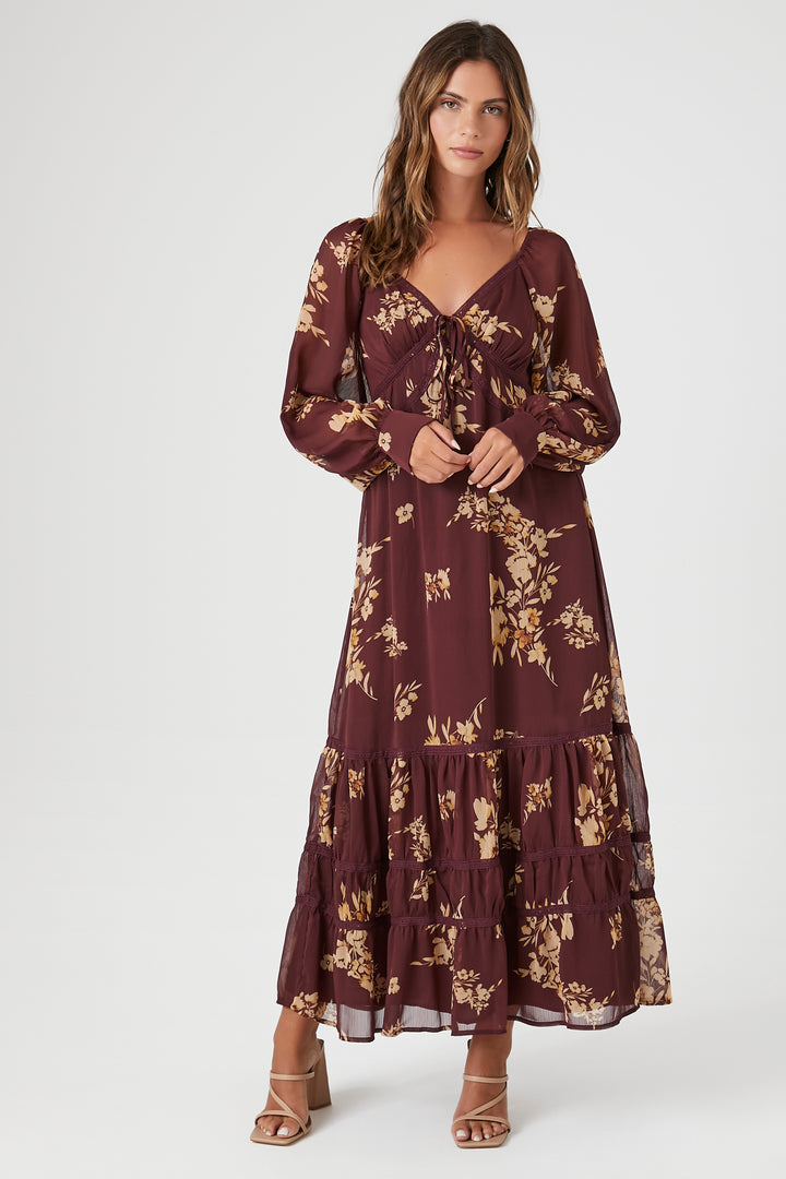 Chiffon Floral Print Midi Dress - Wine