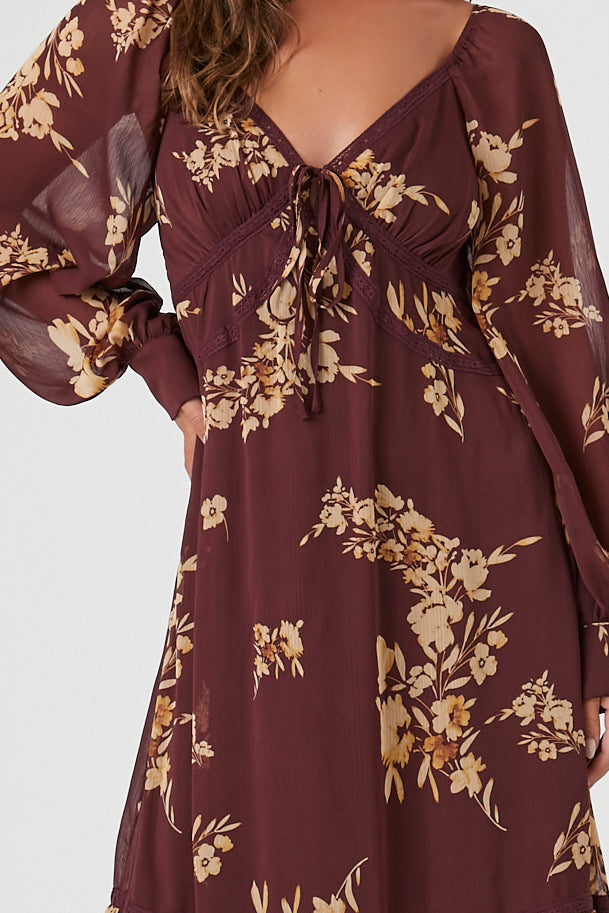 Chiffon Floral Print Midi Dress - Wine