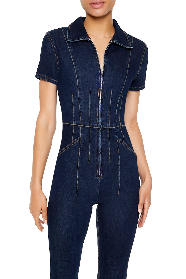 Zip-Up Denim Short-Sleeve Jumpsuit - Dark Blue