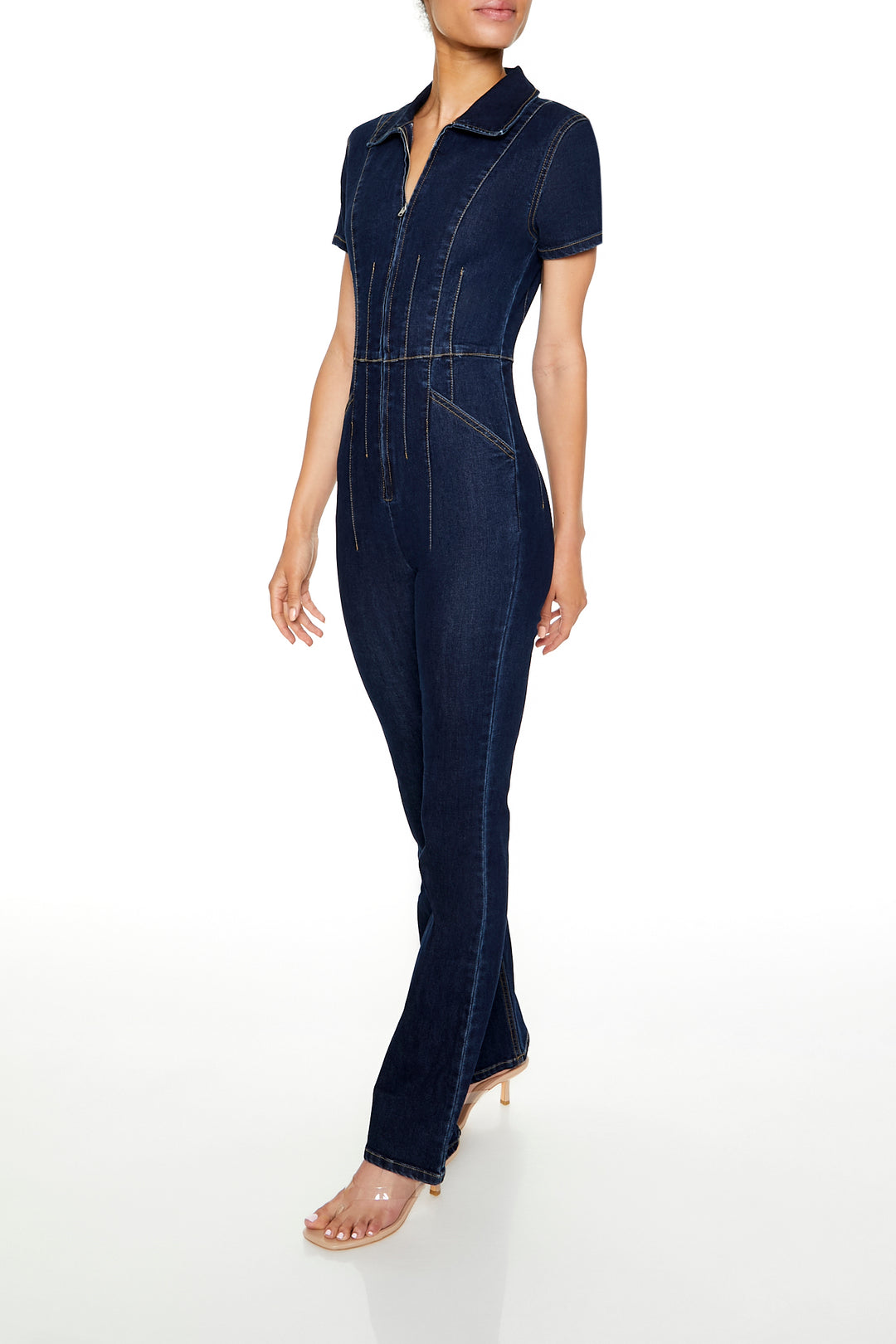 Zip-Up Denim Short-Sleeve Jumpsuit - Dark Blue