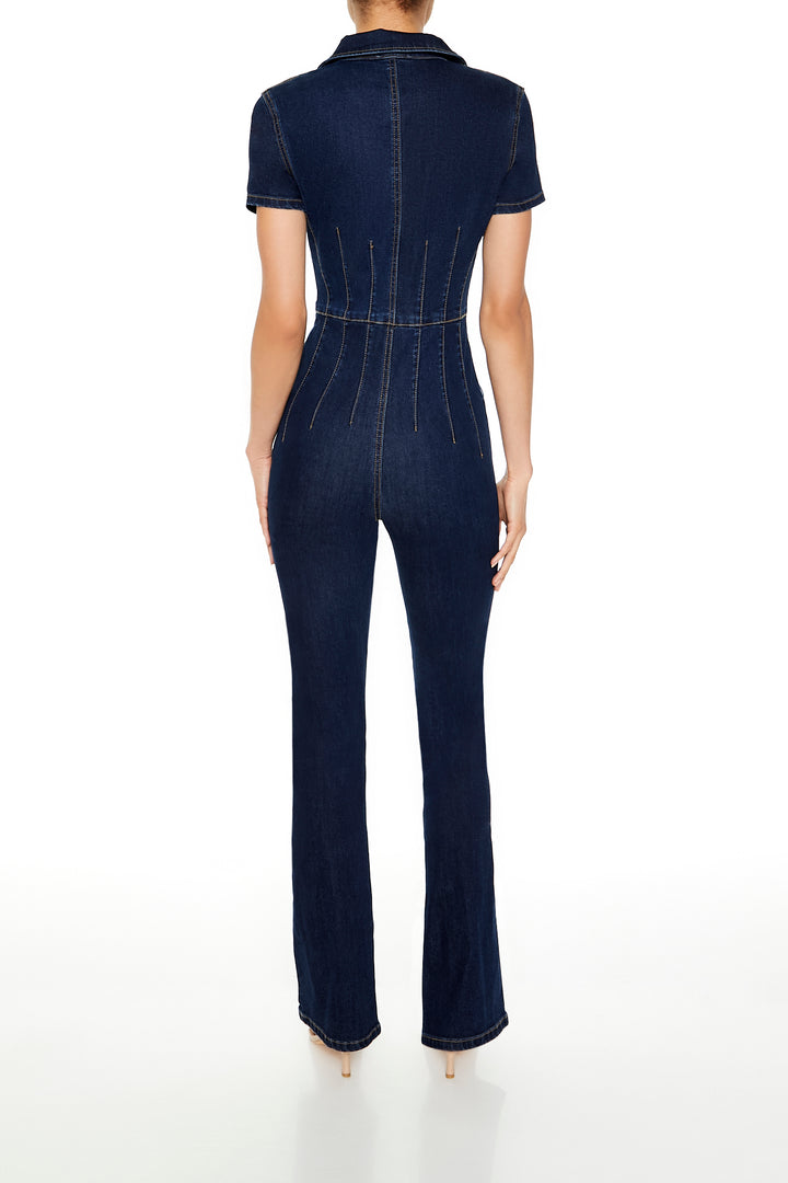 Zip-Up Denim Short-Sleeve Jumpsuit - Dark Blue