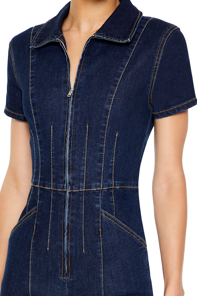 Zip-Up Denim Short-Sleeve Jumpsuit - Dark Blue