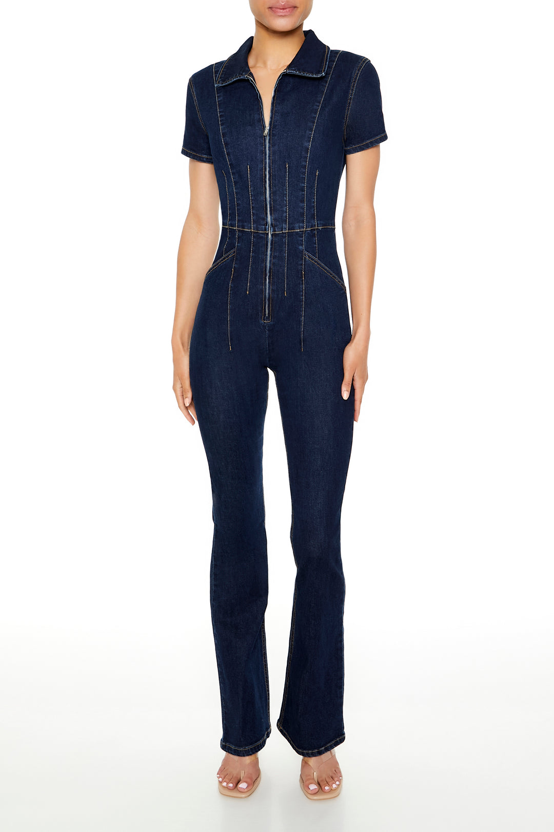 Zip-Up Denim Short-Sleeve Jumpsuit - Dark Blue