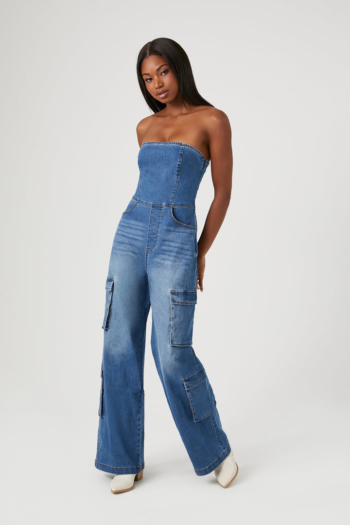 Strapless Stretch-Denim Jumpsuit - Mid Blue