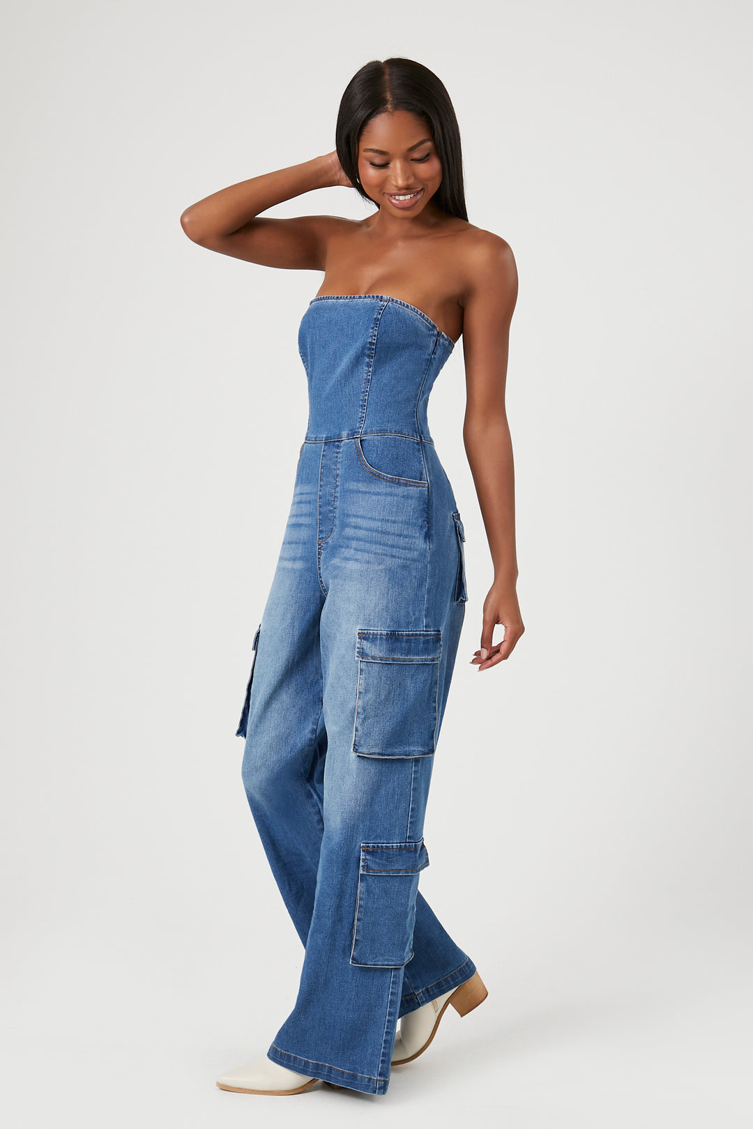 Strapless Stretch-Denim Jumpsuit - Mid Blue