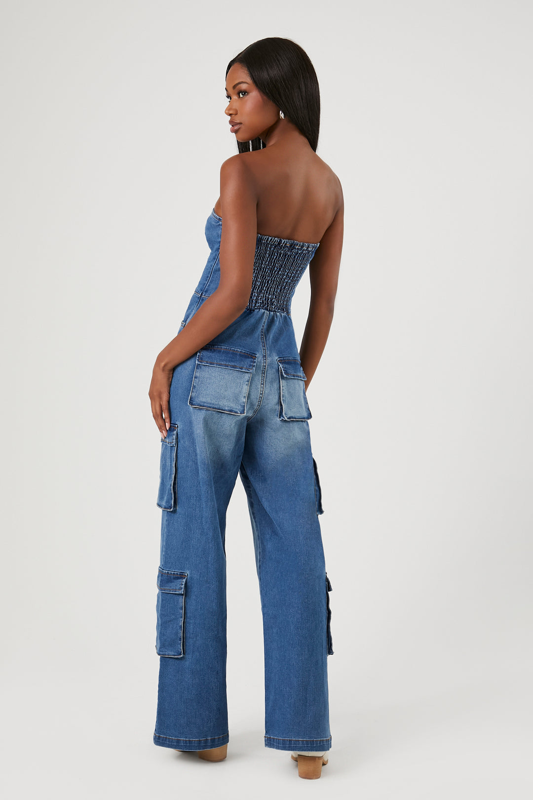 Strapless Stretch-Denim Jumpsuit - Mid Blue