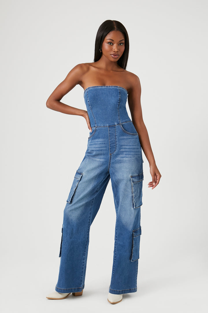 Strapless Stretch-Denim Jumpsuit - Mid Blue