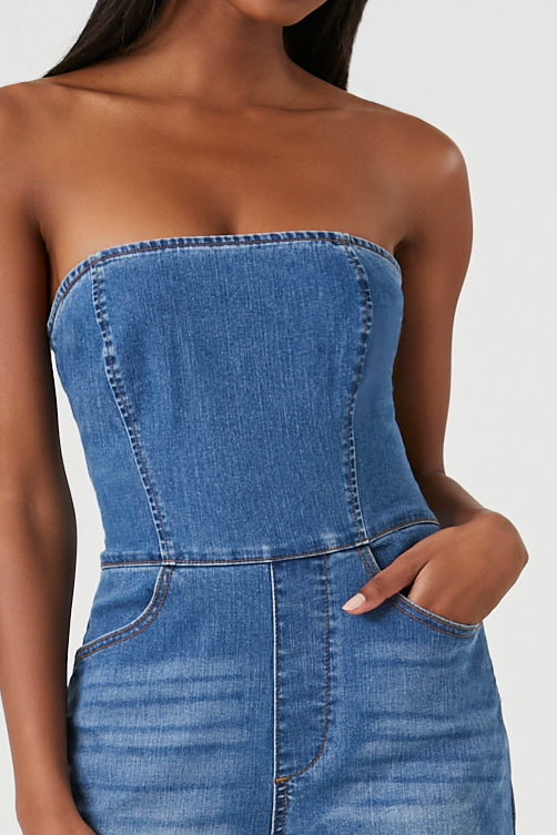 Strapless Stretch-Denim Jumpsuit - Mid Blue