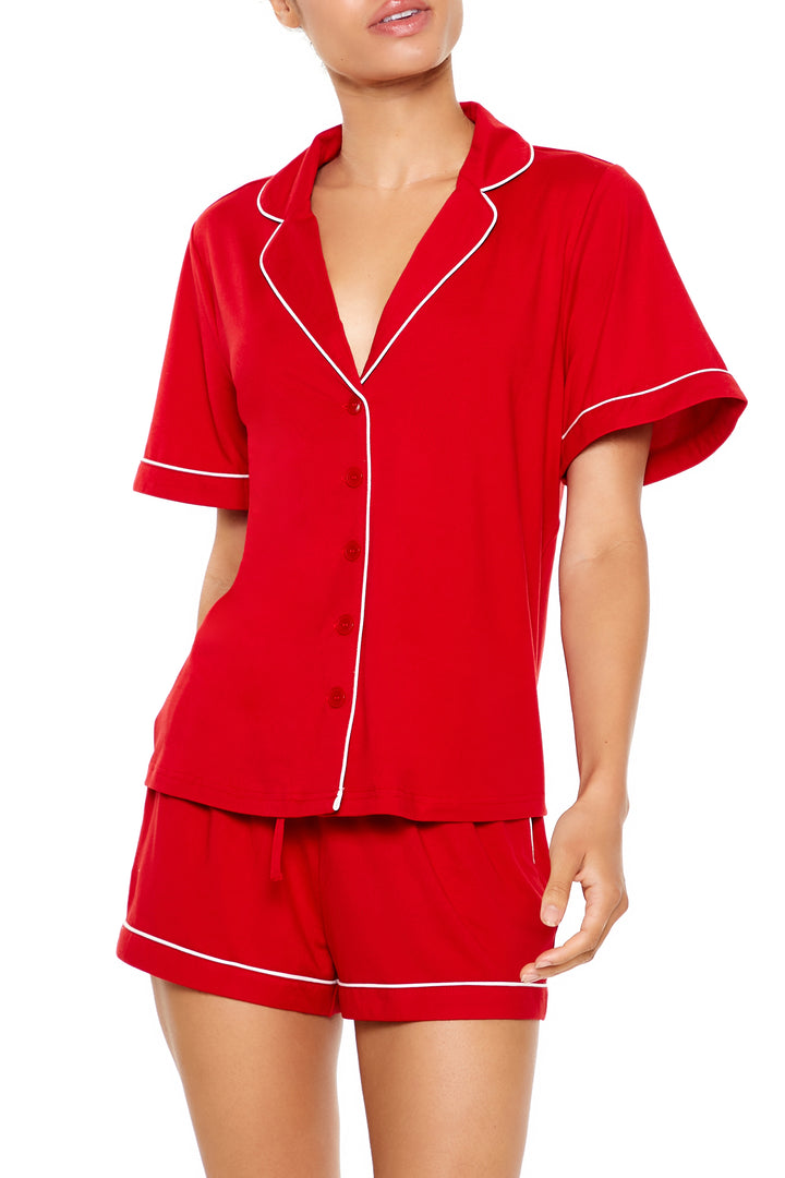 Piped-Trim Shirt & Shorts Pajama Set - Red