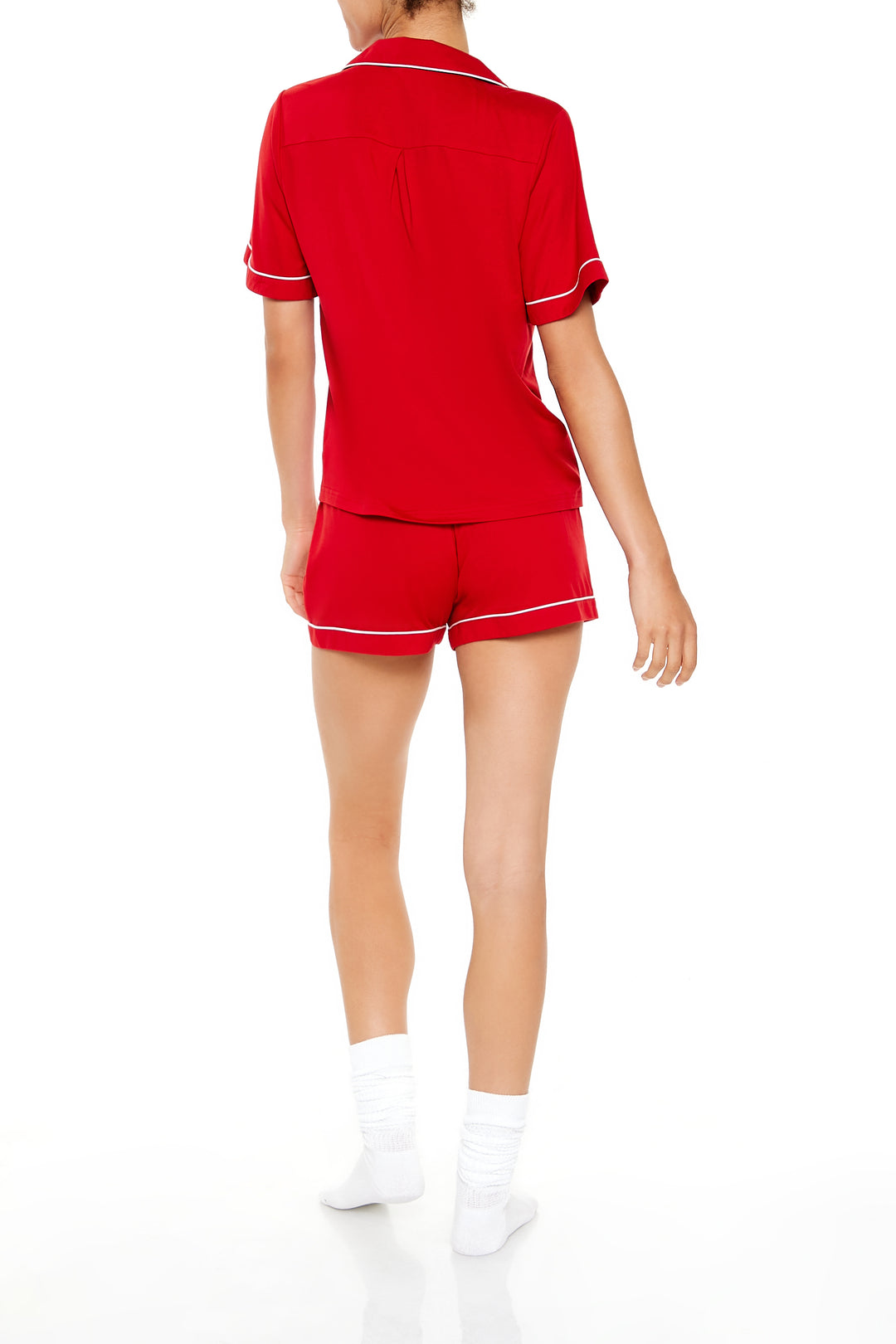 Piped-Trim Shirt & Shorts Pajama Set - Red