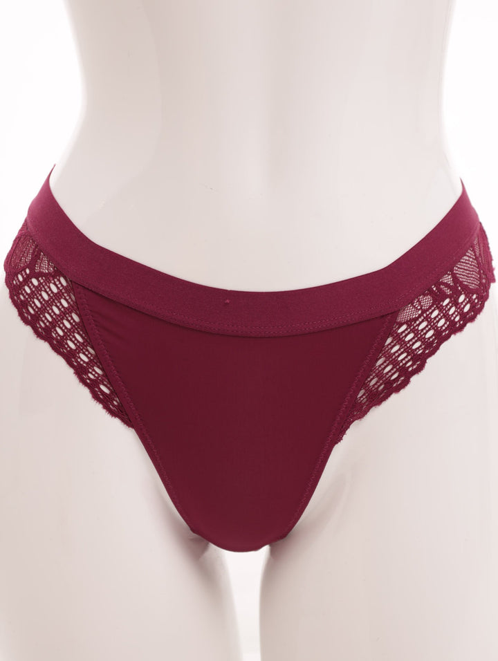 Ladies Dipped Front Microfibre & Lace Thong Panty - Plum