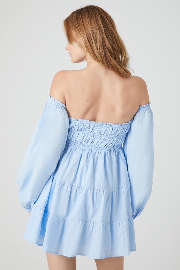 Off-the-Shoulder Babydoll Mini Dress - Light Blue