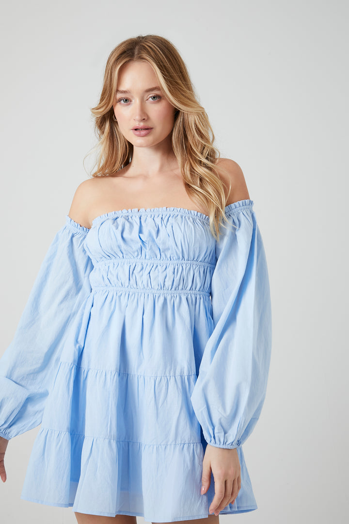 Off-the-Shoulder Babydoll Mini Dress - Light Blue