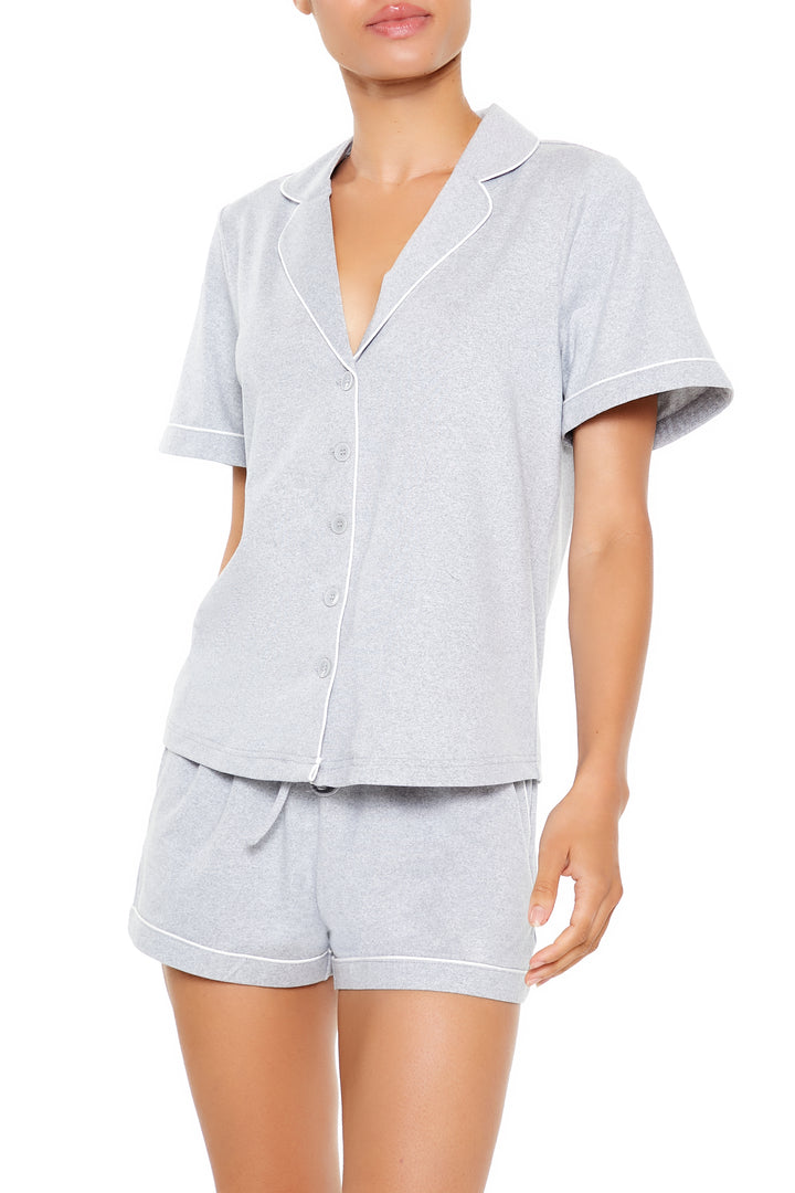 Piped-Trim Shirt & Shorts Pajama Set - Grey