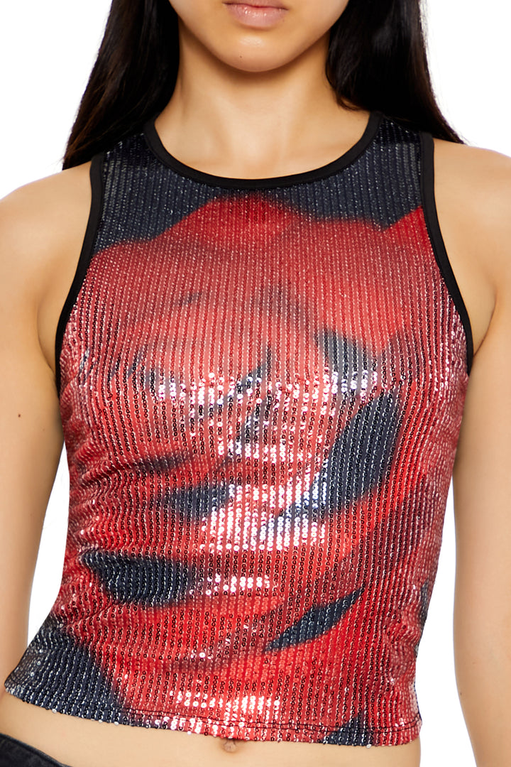 Rose Sequin Cropped Tank Top - Black/Red