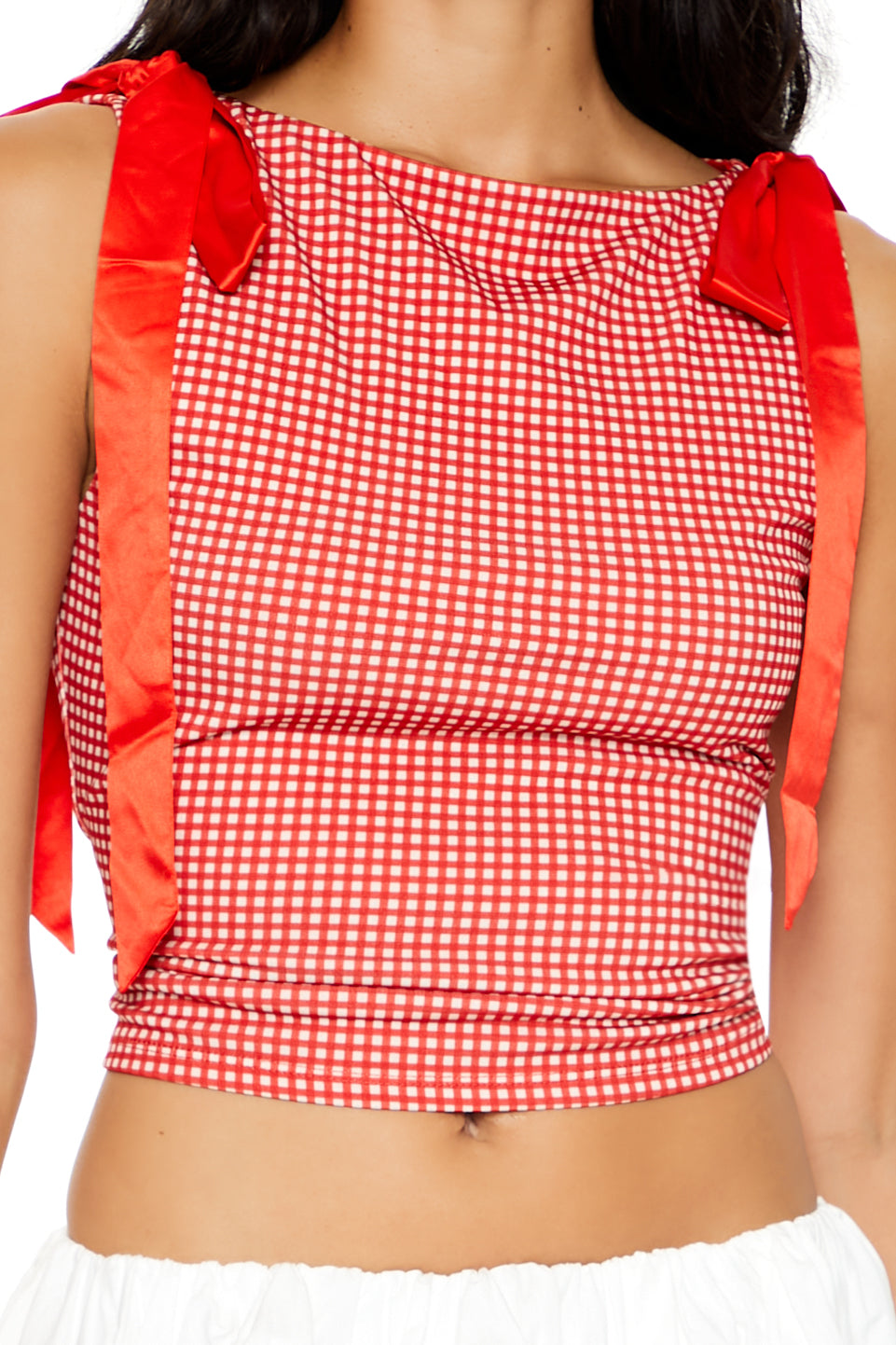 Gingham Bow Cropped Tank Top - Red