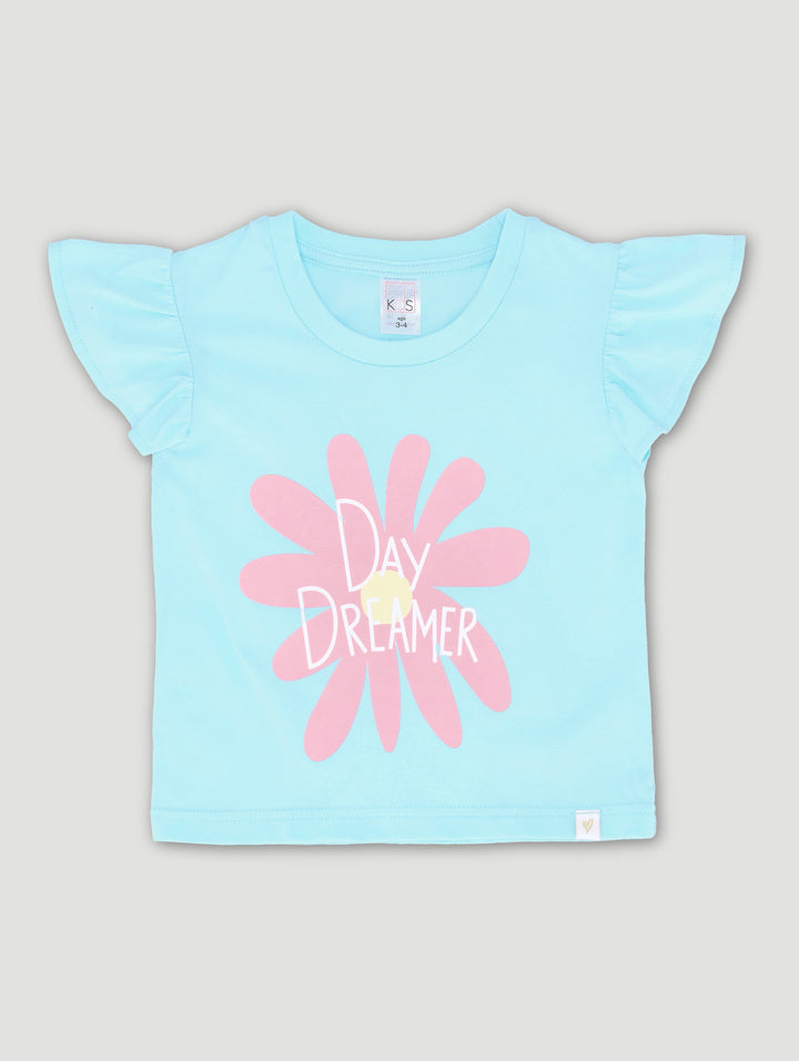 Pre-Girls Flower Dreamer Shoulder Frill Top - Sky Blue