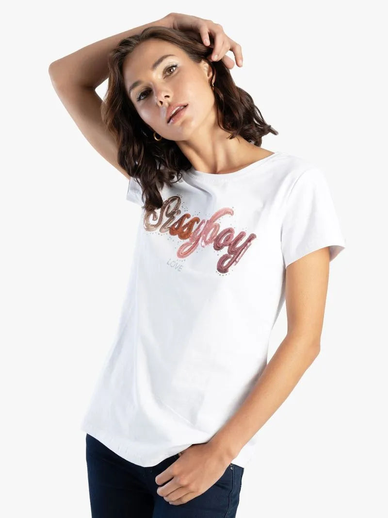 Regular Fit Sequin & Bling Logo Top - White