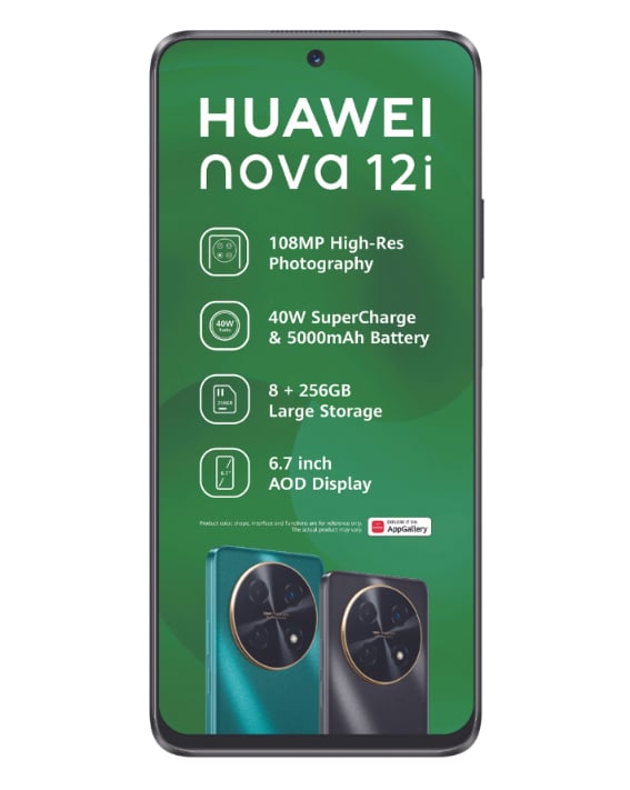 Nova 12i 256GB Dual Sim Black Cellphone front with specs: 108MP High-res Photography, 40W SuperCharge & 5000mAh battery, 8 + 256GB Large Storage, 6.7 inch AOD Display.