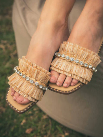 Isabetta Raffia Fringe Embellished Sandal - Oatmeal