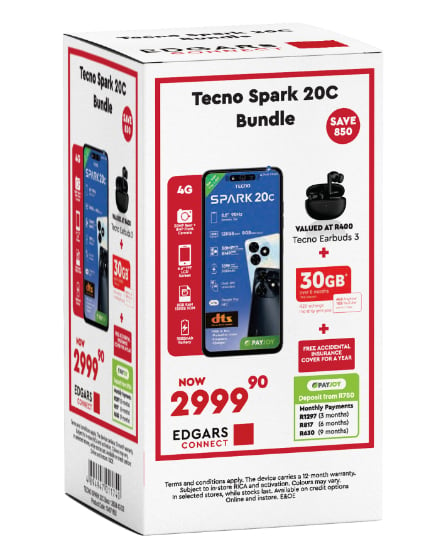 Tecno Spark 20C box set with Tecno Earbuds and 30GB data valid for 6 months. 