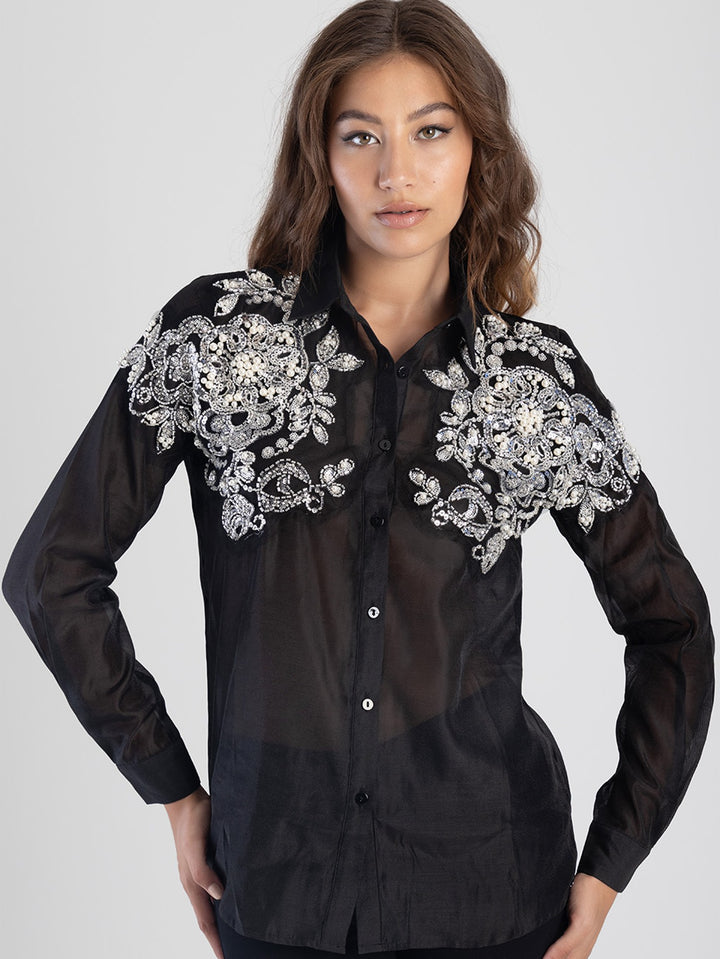 Long Sleeve Sheer Shirt With Embellished Detail - Black