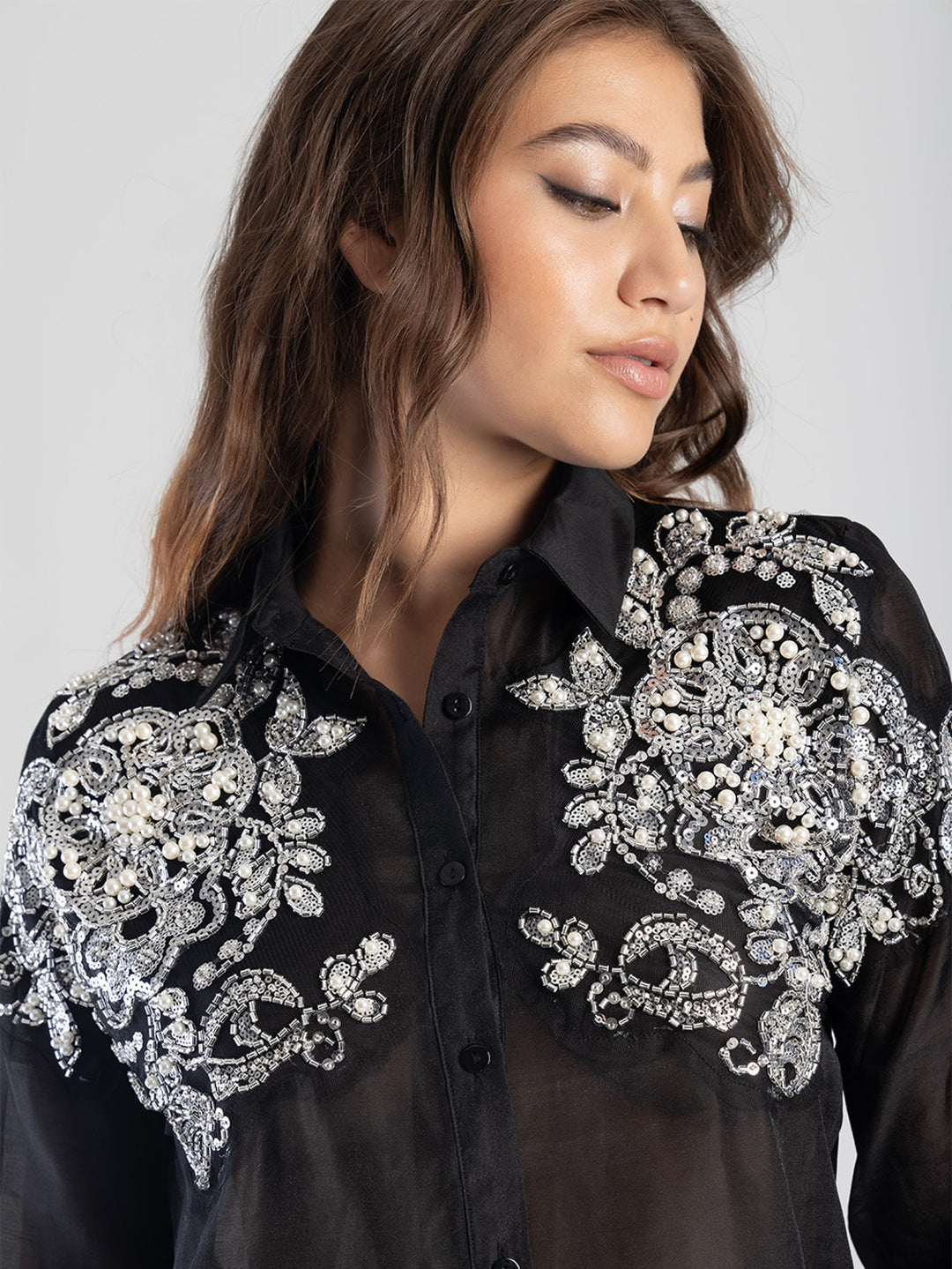 Long Sleeve Sheer Shirt With Embellished Detail - Black