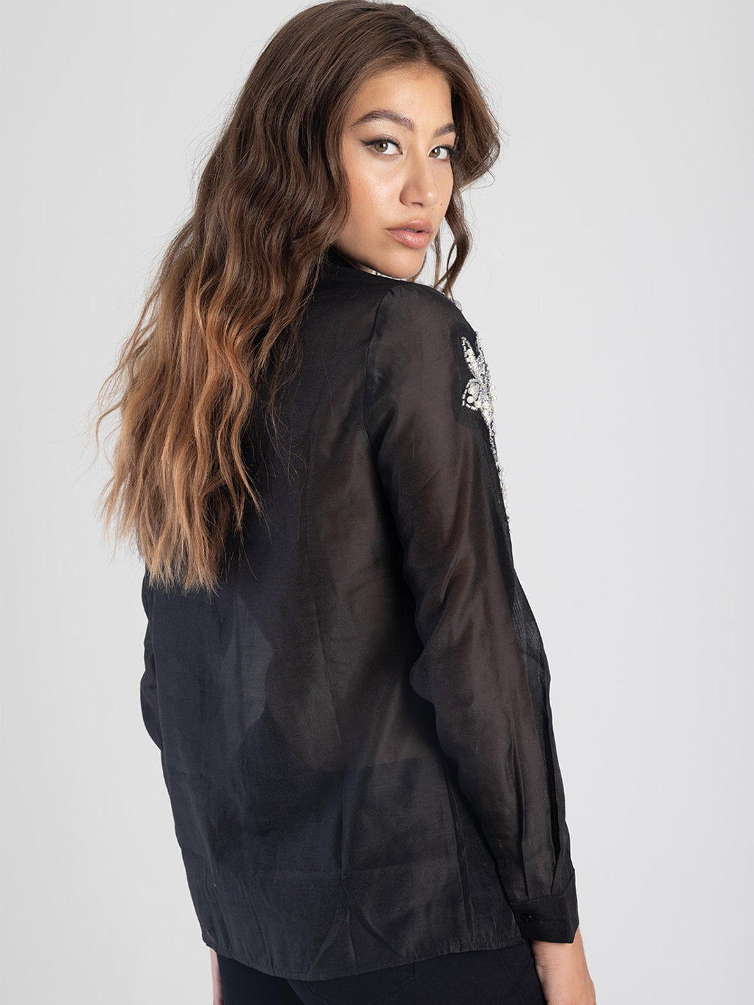 Long Sleeve Sheer Shirt With Embellished Detail - Black