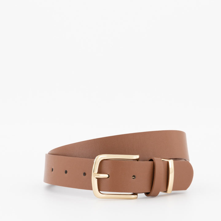 Ladies-Square Gold Buckle & Loop Core Belt - Tan