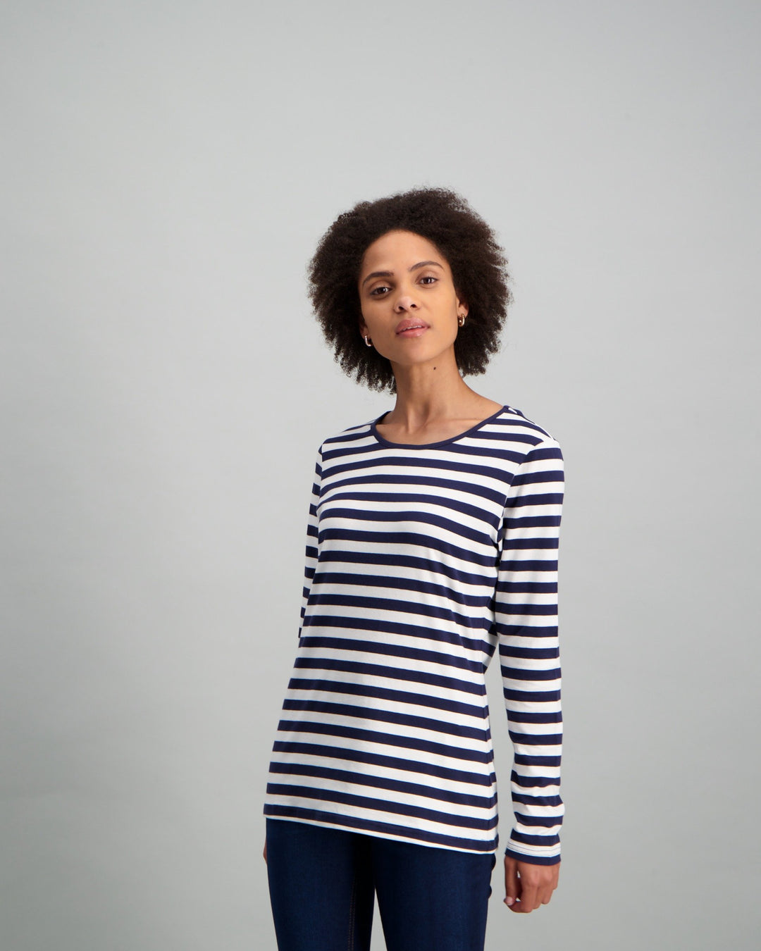 Ladies Long Sleeve T-Shirt with Navy Stripe