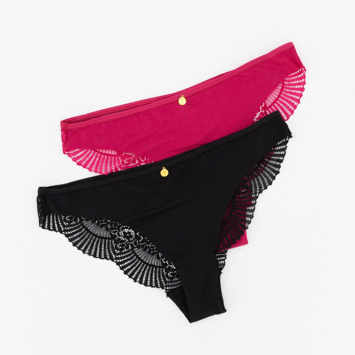 Ladies 2 Pack Lazer Cut Lace Brazilian Panty - Black/Ruby