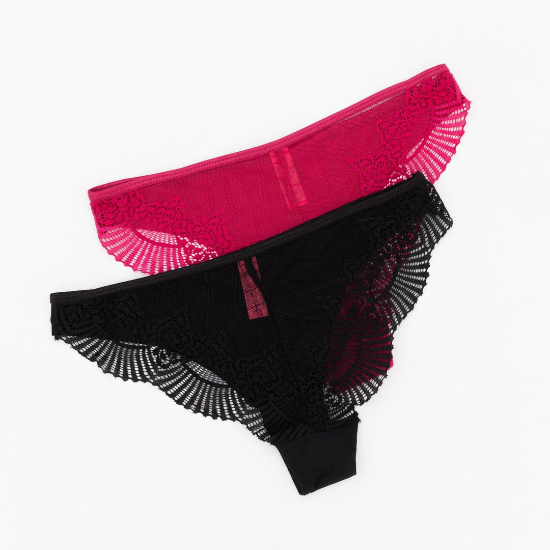 Ladies 2 Pack Lazer Cut Lace Brazilian Panty - Black/Ruby