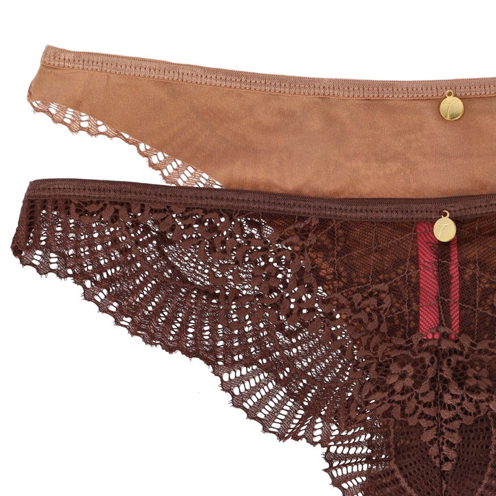 Ladies 2 Pack Lace & Microfibre Thong - Rich Cocoa