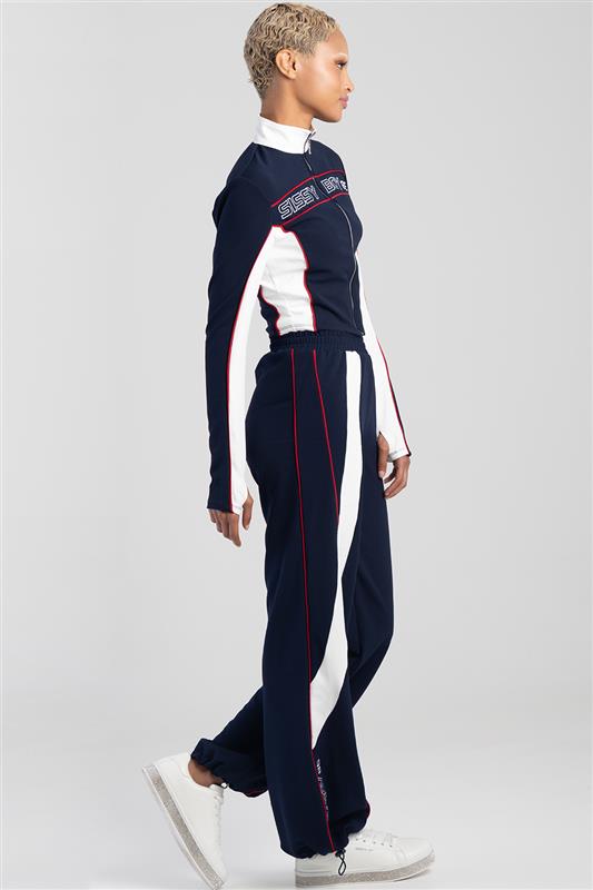 Wide Leg Tracksuit Pants With Drawcord Hem - Navy/White