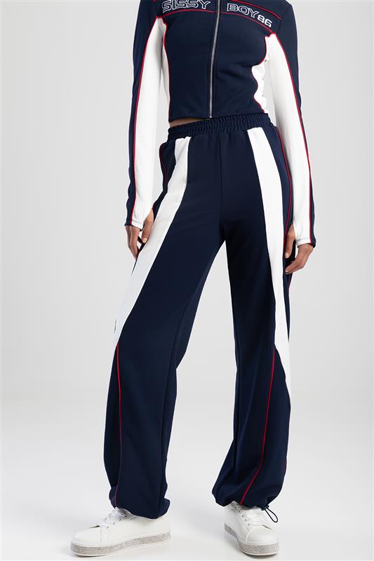 Wide Leg Tracksuit Pants With Drawcord Hem - Navy/White