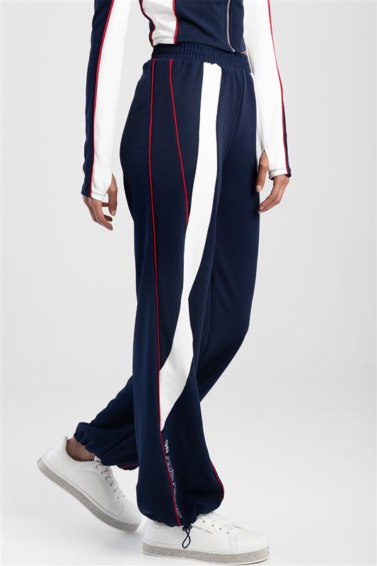 Wide Leg Tracksuit Pants With Drawcord Hem - Navy/White