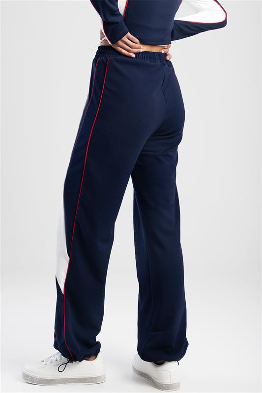 Wide Leg Tracksuit Pants With Drawcord Hem - Navy/White