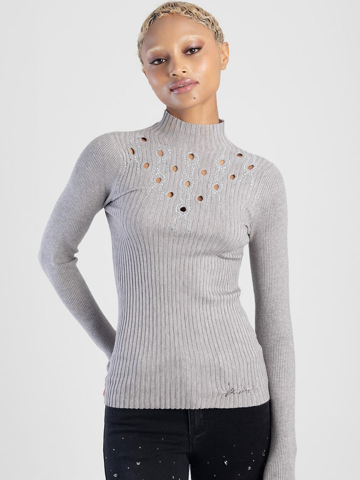 Holy Diamante Turtleneck Top - Grey Melange