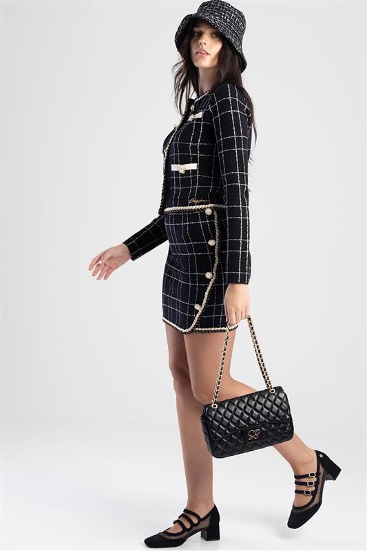 Plaid Knit Jacket With Braided Edge - Black