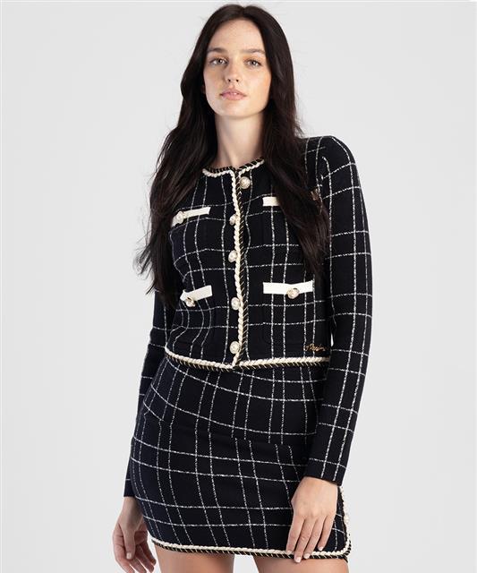 Plaid Knit Jacket With Braided Edge - Black