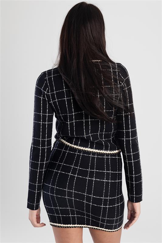 Plaid Knit Jacket With Braided Edge - Black