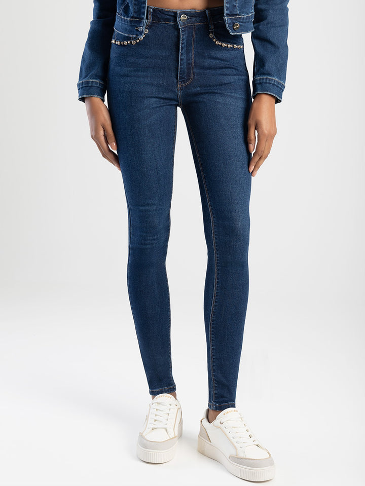 Axel Skinny Denim Jean With Yoke Wing Embroidery - Dark Blue