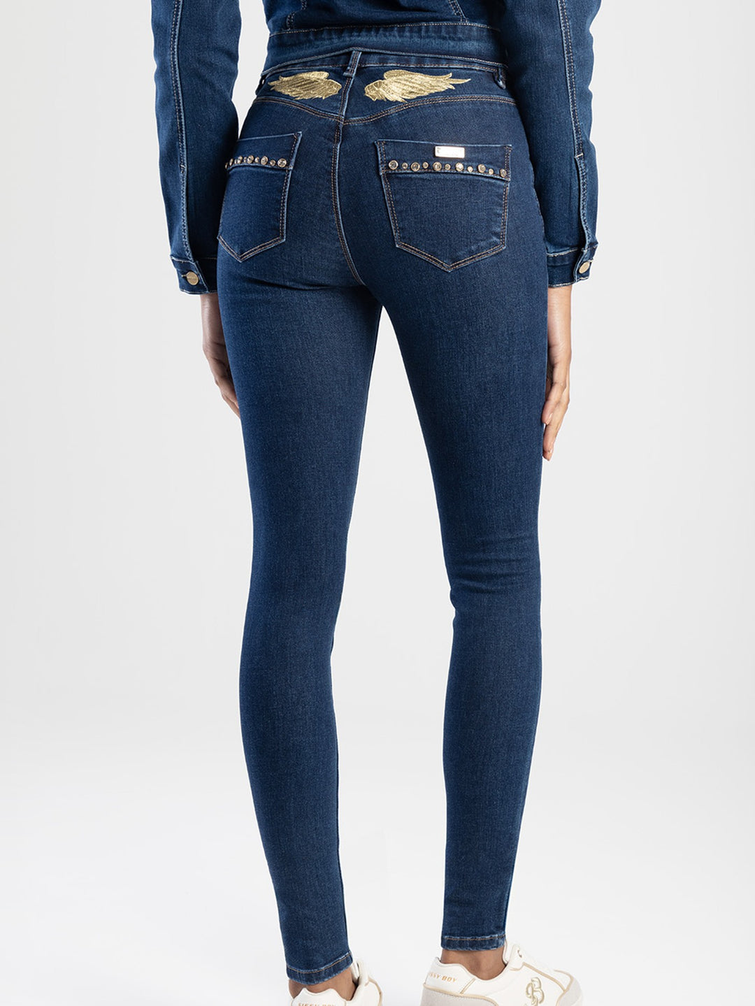 Axel Skinny Denim Jean With Yoke Wing Embroidery - Dark Blue