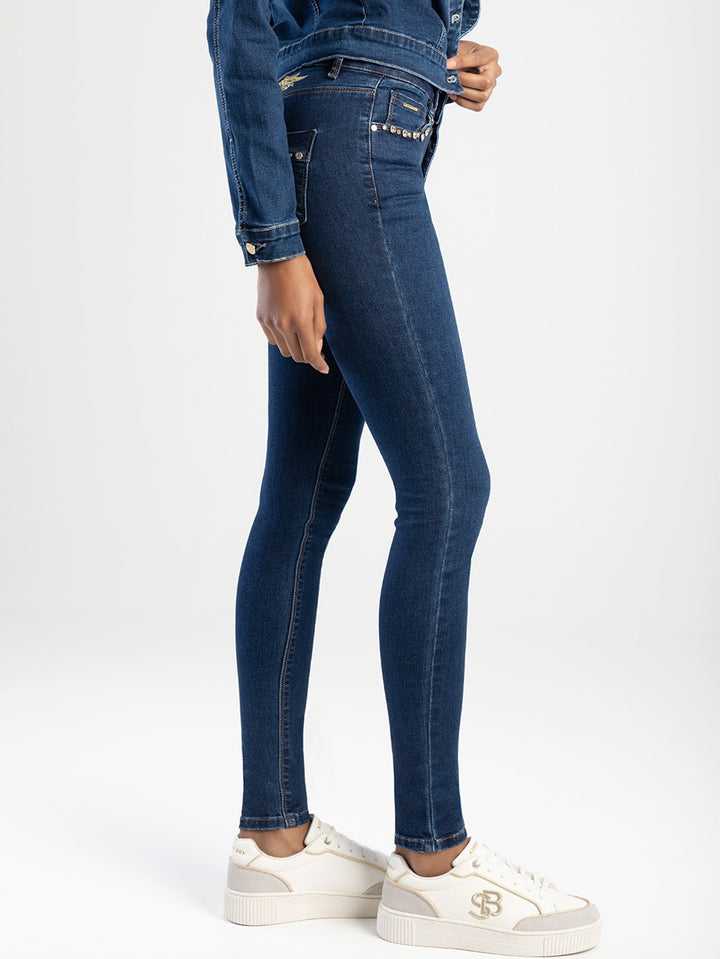 Axel Skinny Denim Jean With Yoke Wing Embroidery - Dark Blue