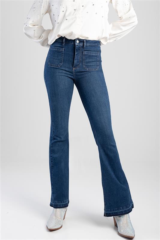 High Skinny Flare Denim With Patch Pockets - Dark Blue