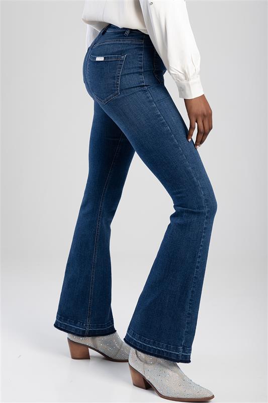 High Skinny Flare Denim With Patch Pockets - Dark Blue