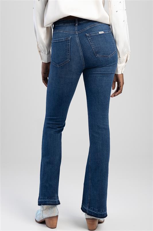 High Skinny Flare Denim With Patch Pockets - Dark Blue